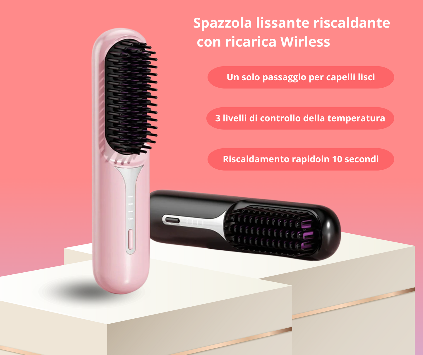 Spazzola lissante riscaldante per Capelli Senza Fili - Portatile e Professionale